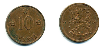 Финляндия 10 пенни 1924 республика (1918-1962) KM 24 медь 46-2539