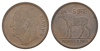 Норвегия 5 эре 1965 Улаф V (1957-1991) KM 405 бронза 4635-612