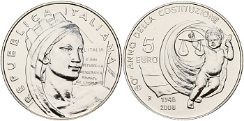 Италия 5 евро 2008 60 лет Итальянской Конституции, в оригинальной коробке серебро UNC 4-3-5-06