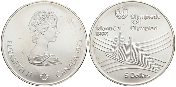 Канада 5 долларов 1976 XXI летние Олимпийские игры в Монреале 1976 года, Олимпийская деревня KM 109 серебро UNC 1525-512