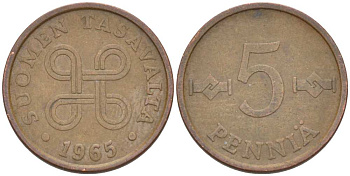 ФИНЛЯНДИЯ 5 ПЕННИ 1965 KM 45 медь 218-1268