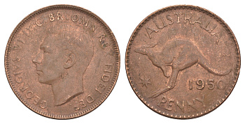 Австралия 1 пенни 1950 Георг VI (1936-1952), кенгуру KM 43 бронза aUNC 88-1144