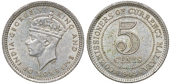 Британская Малайя 5 центов 1943 Георг VI (1937-1952) KM 3a серебро 53-133