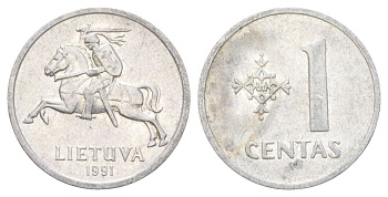Литва 1 цент 1991 KM 85 алюминий 4627-1247