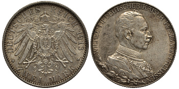 Пруссия 2 марки 1913 A, Вильгельм II (1888-1918), 25 лет правления (мундир) Weege 111, J. 111, KM 533 серебро 3711-843