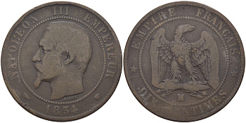 ФРАНЦИЯ 10 САНТИМОВ 1854 MA, НАПОЛЕОН III (1852-1870) KM 771.6 бронза 97-1042