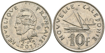 Французская Новая Каледония 10 франков 2015 рыбачья парусная лодка, (IEOM) KM 11a, Schoen 13a, Lec 99k медно-никель 68-132