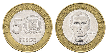 Доминиканская Республика (Доминикана) 5 песо 1997 50 лет Центробанку KM 88 биметалл 4663-921
