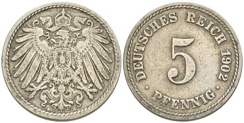 ГЕРМАНИЯ 5 ПФЕННИГОВ 1902 А KM 11, J. 12 медно-никель 206-1213