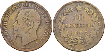 ИТАЛИЯ 10 ЧЕНТЕЗИМО 1863 ВИКТОР ИМАНУИЛ II KM 11.2 медь 51-1446