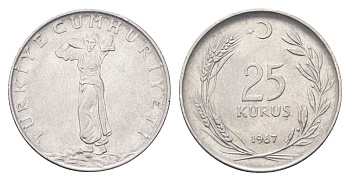 Турция 25 курушей 1967 KM 892.3 нержавеющая сталь 4706-1124