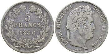 Франция 5 франков 1836 BB, Луи Филипп I (1830-1848) KM 749.3 серебро 1066-7-63