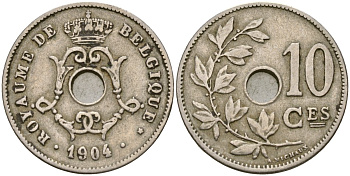 Бельгия 10 сантимов 1904 BELGIQUE, Леопольд II (1865 - 1909) KM 52 медно-никель 4132-224