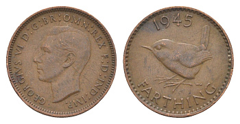 Великобритания 1 фартинг 1945 Георг VI (1936-1952) KM 843, Spink 4116 бронза 3457-1229