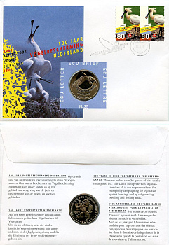 Нидерланды 1 экю 1999 100 лет национальной организации по защите птиц Нидерландов, в оригинальном конверте, с марками, первый день гашения X 235 медно-никель BU 4-3-8-43