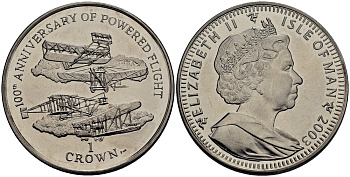 Остров Мэн 1 крона 2003 100-летие полетов с двигателем КМ 1196 медно-никель UNC M91-19