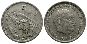 ИСПАНИЯ 5 ПЕСЕТ 1957 (68) ФРАНСИСКО ФРАНКО ДИКТАТОР ИСПАНИИ (1939-1975) KM 786 медно-никель 89-1137