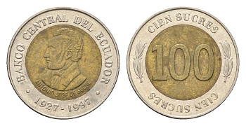 Эквадор 100 сукре 1997 70 лет Центробанку KM 101 биметалл 4664-417