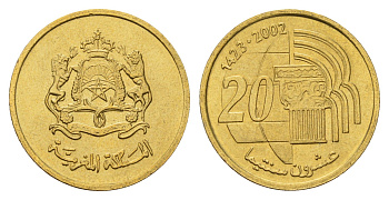 Марокко 20 сантимов 2002 AH 1423, год-тип Y 115 медь алюминий цинк олово UNC 216-733