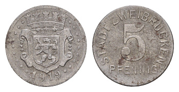 Цвайбрюккен 5 пфеннигов 1919 Funck 630.1, Men05 28182.1, Men18 35439.1 железо 4659-238