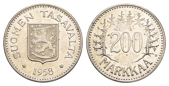 Финляндия 200 марок 1958 H KM 42 серебро aUNC 4654-754