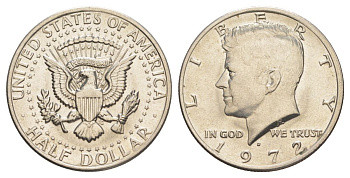 США 1/2 доллара (50 центов) 1972 D, Джон Кеннеди KM 202b медь плакированная медно-никелем aUNC 3855-942