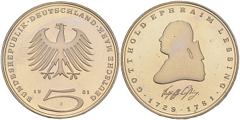 ФРГ 5 марок 1981 J, 200 лет со дня смерти Готхольда Эфраима Лессинга KM 154, J.429 медно-никель плакированный никелем плакированный никелем PROOF 02-265-17