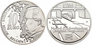 Бельгия 10 евро 2002 50 лет открытию железнодорожной ветки Норд-Миди около Брюсселя KM 233 серебро PROOF 11-014-34