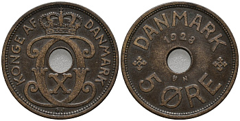 Дания 5 эре 1928 Кристиан X (1912-1947) KM 828 бронза 4577-742
