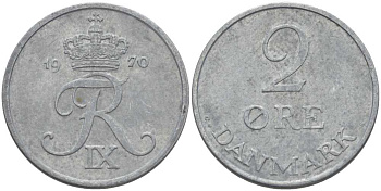 ДАНИЯ 2 ЭРЕ 1970 C; S, ФРЕДЕРИК IX (1947-1972) KM 840.2 цинк 67-445