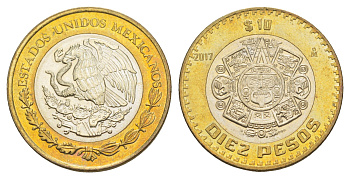 Мексика 10 песо 2017 Мо, бог Тонатиуха с огненной маской KM 616 биметалл UNC 4637-737