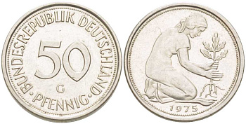 ФРГ 50 ПФЕННИГОВ 1975 G KM 109.2, J. 384 медно-никель 4401-1021