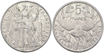 Французская Новая Каледония 5 франков 2008 птица кагу, (IEOM) KM 16, Schoen 12, Lec 81k алюминий 215-624