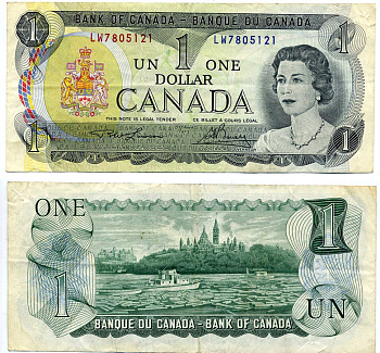 Канада 1 доллар 1973 Елизавета II (1952- ), здание парламента на реке Оттава, Lawson-Bouey, серии 2 буквы Pick 85 a (1)  бумага 445-78-2-1