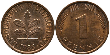ФРГ 1 ПФЕННИГ 1985 D KM 105, J.380 сталь плакированная медью 96-1121