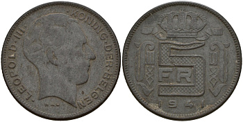 Бельгия 5 франков 1941 DES BELGEN, Леопольд III (1934-1947) KM 129 цинк 4161-916