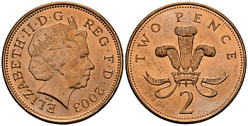 Великобритания 2 пенса 2003 Елизавета II (1952-2022) KM 987, Spink 4690 (C5) сталь плакированная медью 4545-141