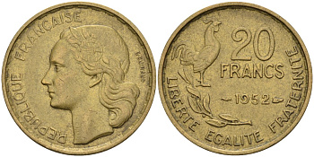 Франция 20 франков 1952 тип Guiraud KM 917.1, Le Franc 402.9 алюминиевая бронза 4116-1156