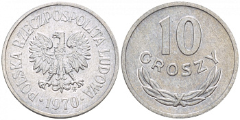 ПОЛЬША 10 ГРОШЕЙ 1970 MW KM АА47 алюминий UNC 4547-863