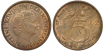 Нидерланды 5 центов 1962 Юлиана (1948-1980) KM 181 бронза 51-1345
