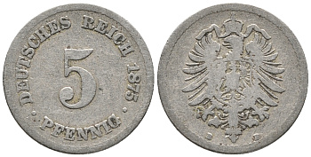 ГЕРМАНИЯ 5 ПФЕННИГОВ 1875 B, СТАРОГЕРБОВКА KM 3, J. 3 медно-никель 39-361