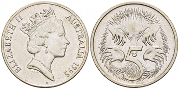 АВСТРАЛИЯ 5 ЦЕНТОВ 1995 ЕЛИЗАВЕТА II, ВТОРОЙ ПОРТРЕТ В КОРОНЕ, ЕХИДНА KM 80 медно-никель 3851-1138