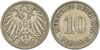 Германия 10 пфеннигов 1904 A KM 12, J. 13, Weege 8 медно-никель 259-844