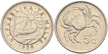 Мальта 5 центов 1986 краб KM 77 медно-никель 3309-353