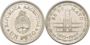 Аргентина 1 песо 1960 150 лет свержения Испанского вице-короля (1810-1960) KM 58 сталь плакированная никелем 4548-345