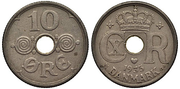 ДАНИЯ 10 ЭРЕ 1935 N; GJ, КРИСТИАН X (1912-1947) KM 822.2 медно-никель 4549-864