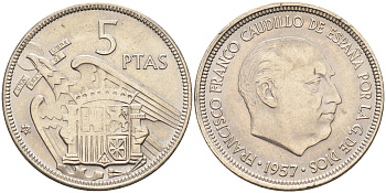 Испания 5 песет 1957 (65) Франсиско Франко (1939-1975) KM 786 медно-никель  UNC  4595-1022