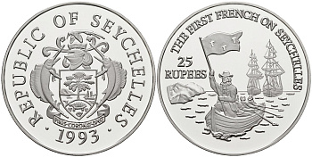 Сейшельские острова 25 рупий 1993 первые французы на Сейшелах, тираж 10000 экз. KM 69 серебро PROOF 1095-10-41