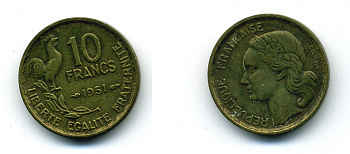 Франция 10 франков 1951 петух KM 915.1, Le Franc 363.4 алюминиевая бронза 84-553