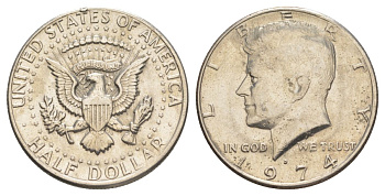 США 1/2 доллара (50 центов) 1974 D, Джон Кеннеди KM 202b медь плакированная медно-никелем aUNC 4123-512